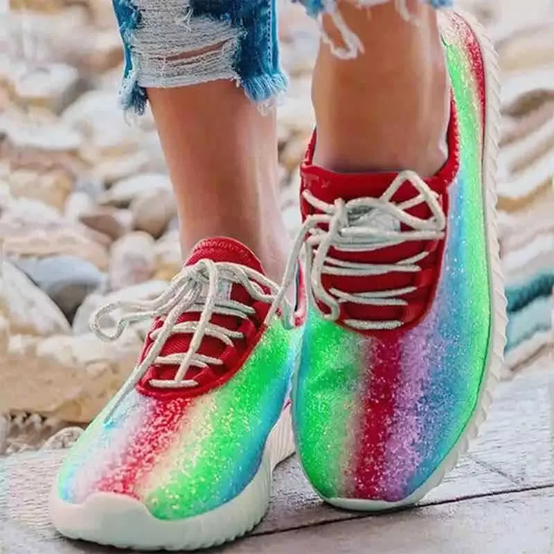2021 New Women Casual Vulcanized Sequin Rainbow Sneakers Running Shoes