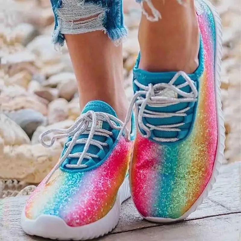 2021 New Women Casual Vulcanized Sequin Rainbow Sneakers Running Shoes