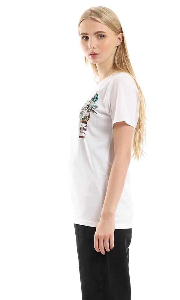 95792 Printed Colorful Skull White Slip On Cotton Tee