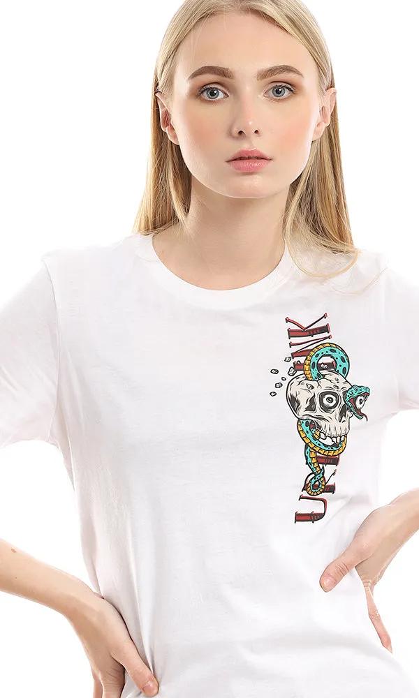 95792 Printed Colorful Skull White Slip On Cotton Tee