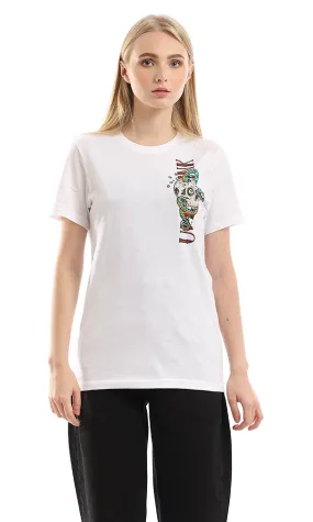 95792 Printed Colorful Skull White Slip On Cotton Tee