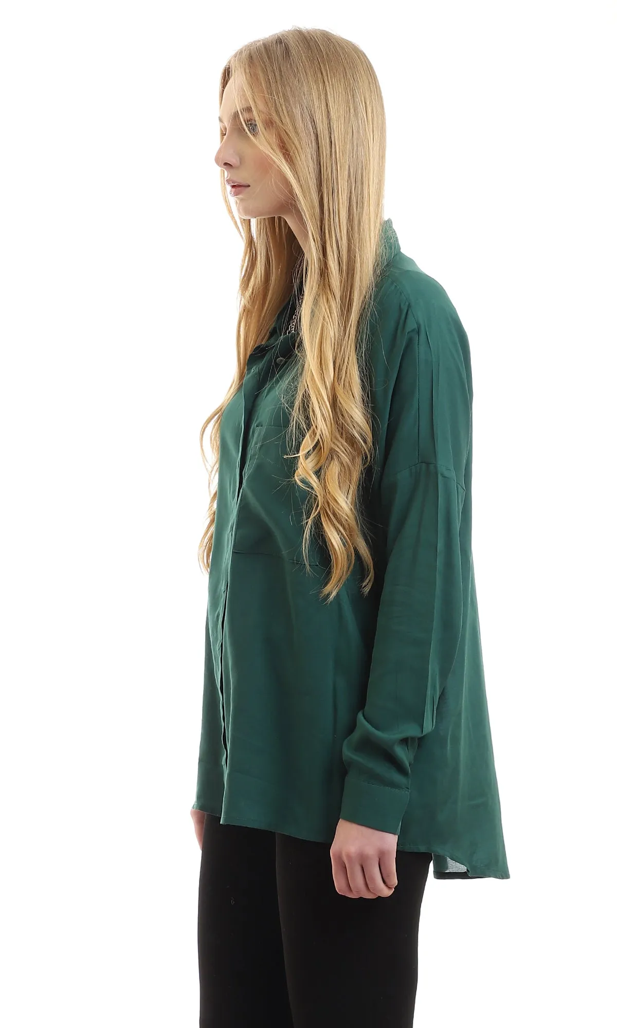 96482 Practical Plain Hidden Buttons Dark Green Shirt