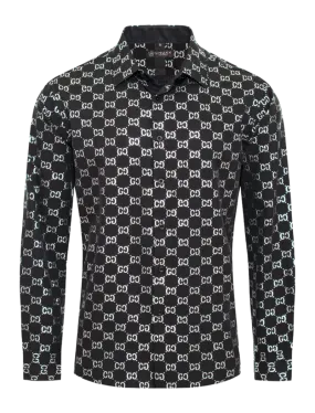 Black and White GG Men's Long Sleeve Graphic Fashion Design Casual Shirt