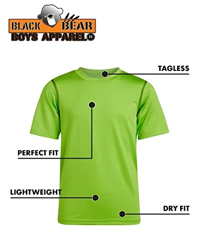 Black Bear Boys’ Athletic T-Shirt – 4 Pack Active Performance Dry-Fit Sports Tee (4-18), Size Large (12/14), Black/Green/Grey/Orange