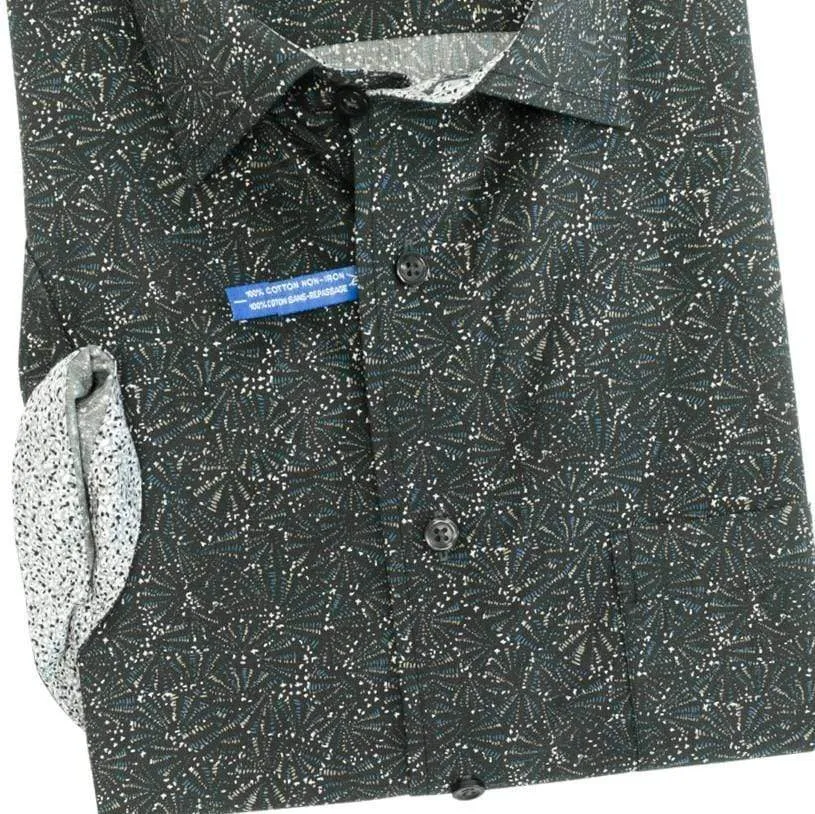 Black Printed Cotton Short Sleeve Sport Shirts by Leo Chevalier