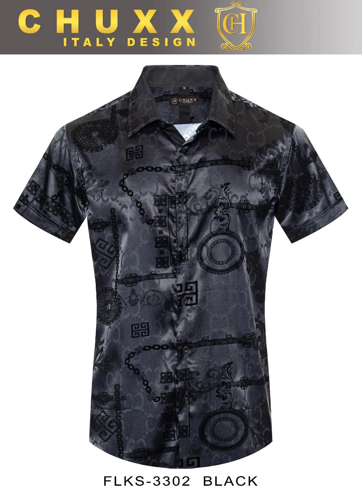 Black Short Sleeve Men's Graphic Design Shiny Shirt Satin Material