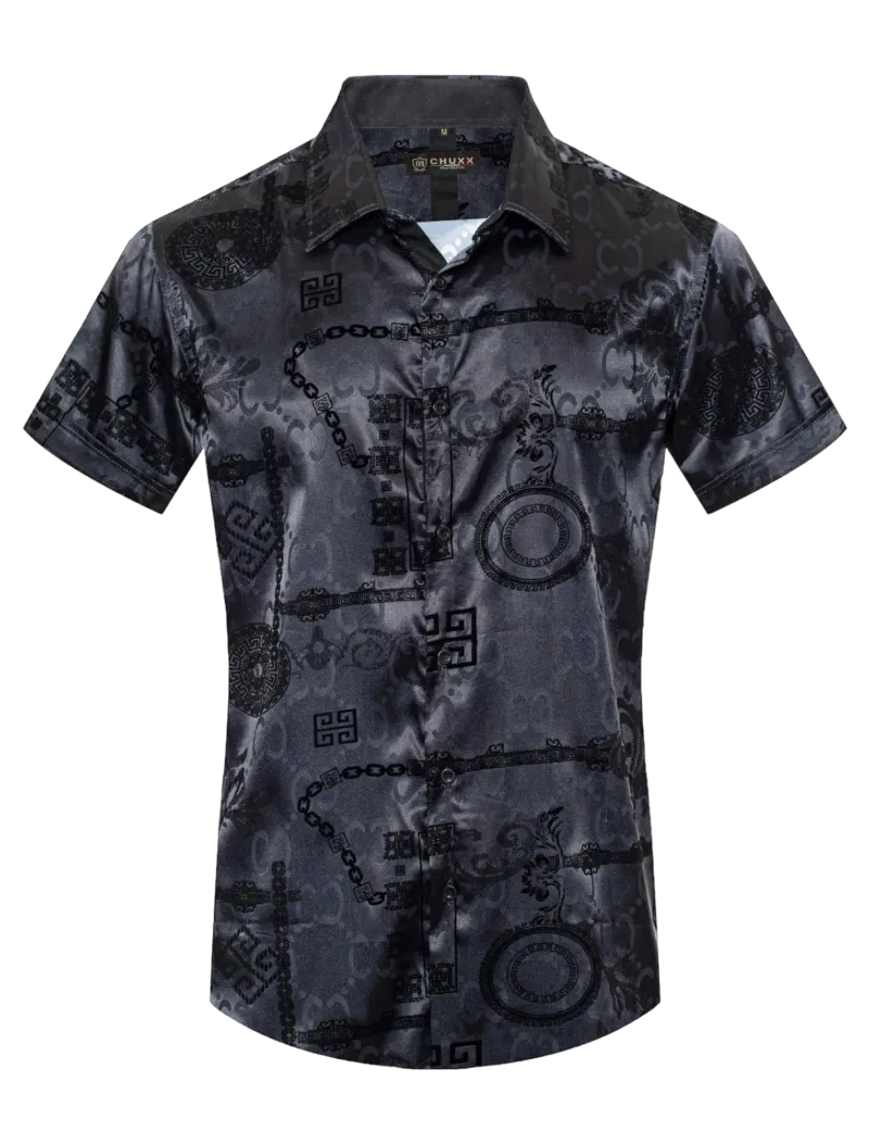 Black Short Sleeve Men's Graphic Design Shiny Shirt Satin Material