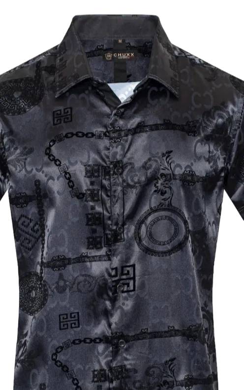 Black Short Sleeve Men's Graphic Design Shiny Shirt Satin Material