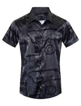 Black Short Sleeve Men's Graphic Design Shiny Shirt Satin Material