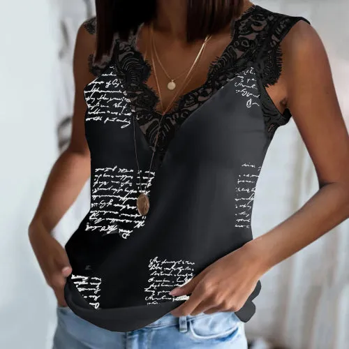 Blouse Women Elegant Sleeveless Tops Lace Splicing V-Neck Tank Top Summer Casual Womens Solid Color Blouse Shirts S3475509