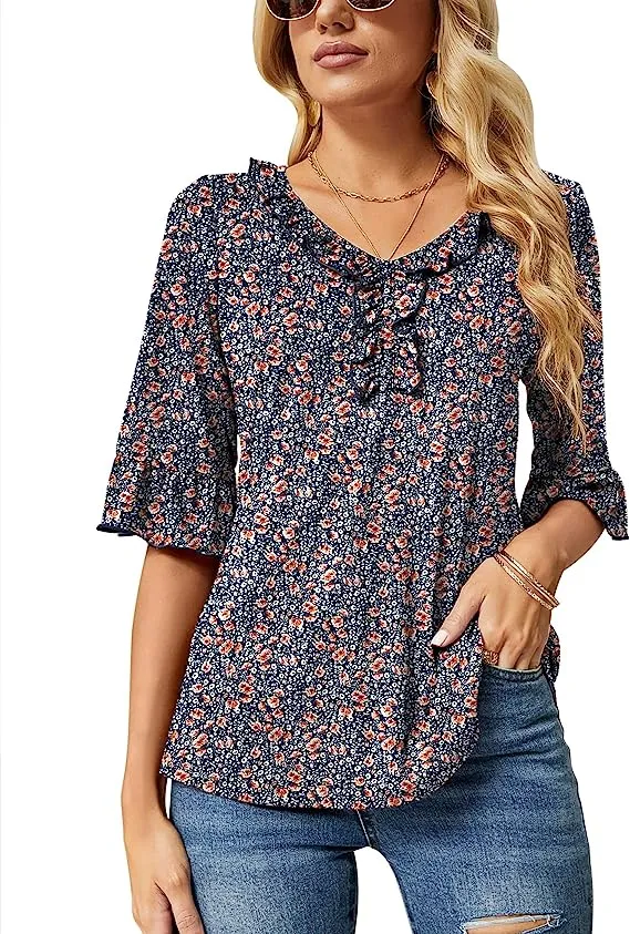 Blue Brown Floral Half Sleeve Casual V Neck T Shirts Loose Summer Tops Ruffle - Ivicoer