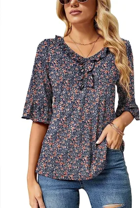Blue Brown Floral Half Sleeve Casual V Neck T Shirts Loose Summer Tops Ruffle - Ivicoer