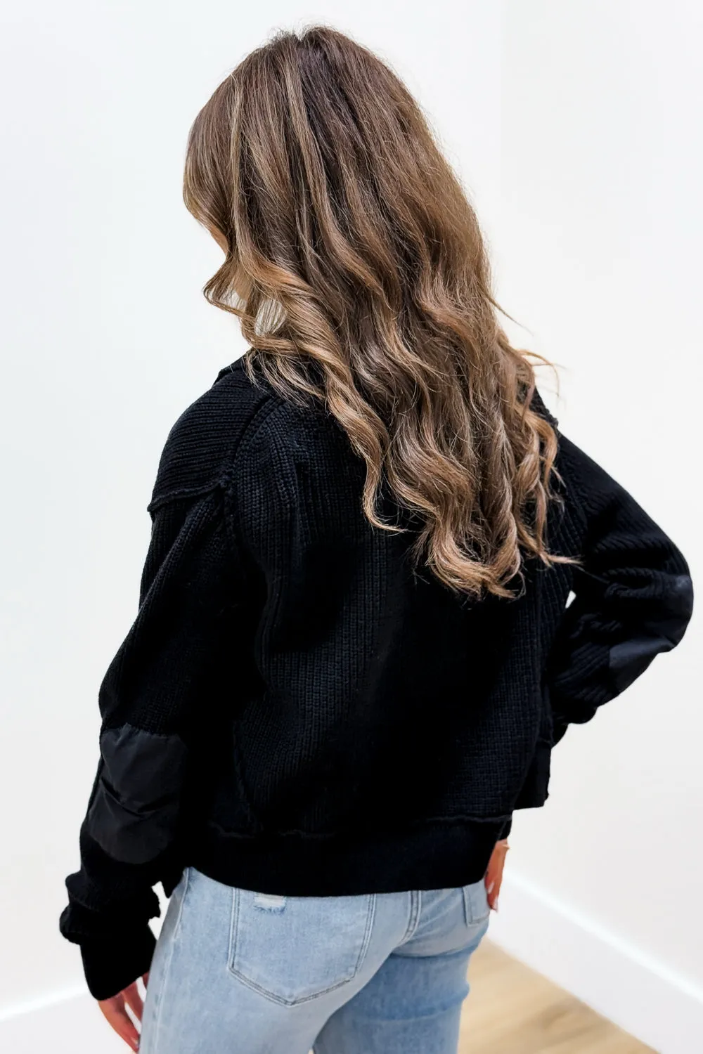 Casually Trendy Elbow Patch Cardigan - Black