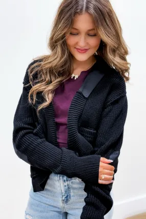 Casually Trendy Elbow Patch Cardigan - Black