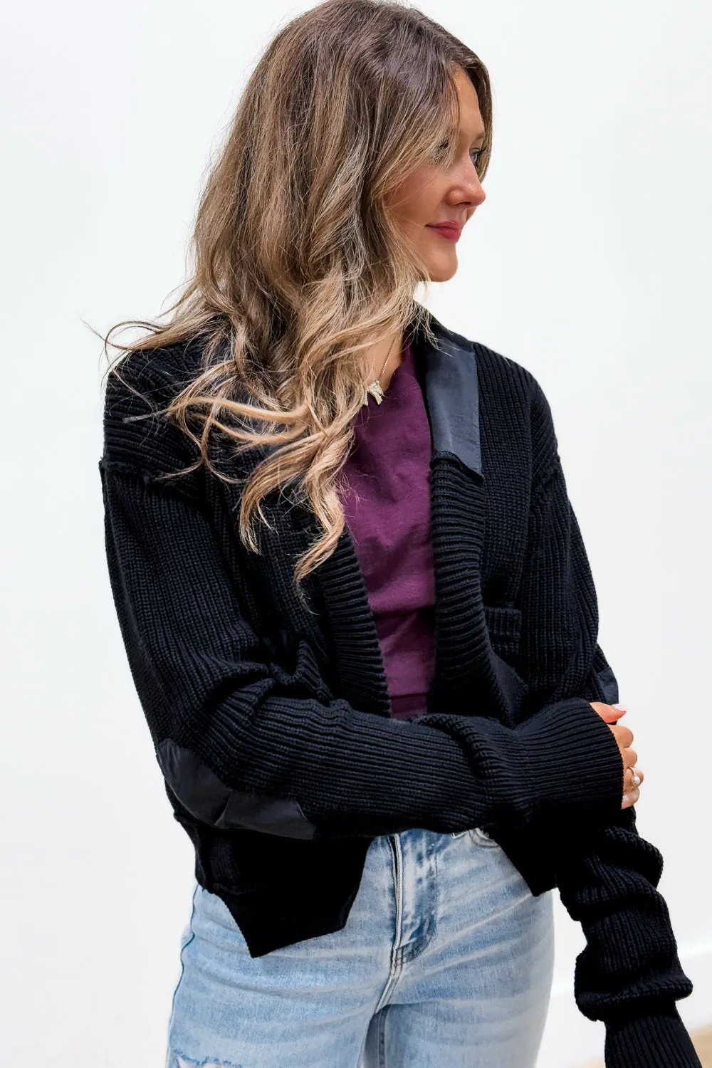 Casually Trendy Elbow Patch Cardigan - Black