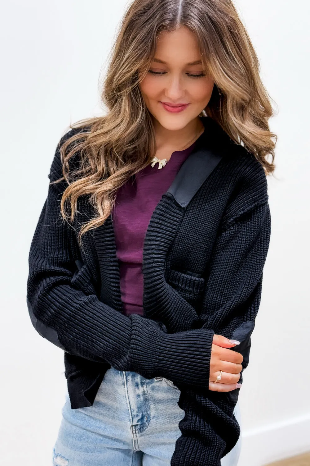 Casually Trendy Elbow Patch Cardigan - Black