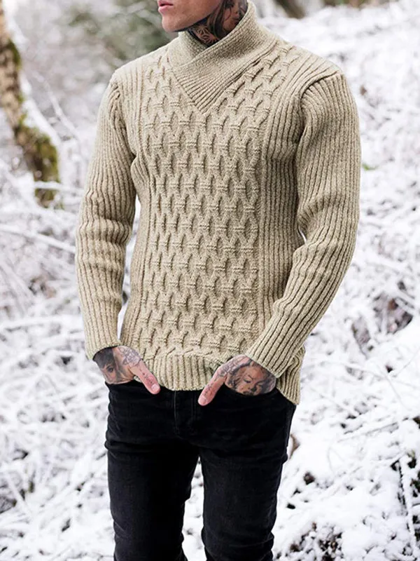 Chain-link & Ribs Knit Shawl Collar Fitted Sweater