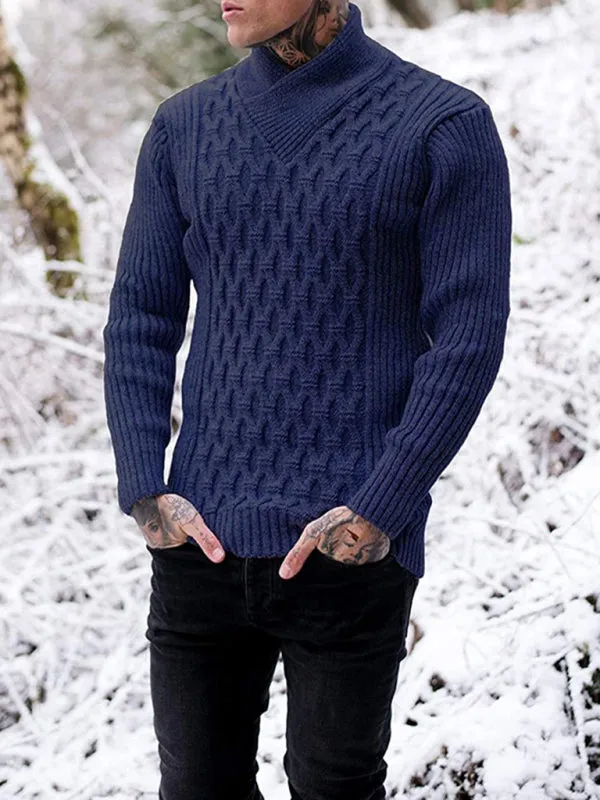 Chain-link & Ribs Knit Shawl Collar Fitted Sweater