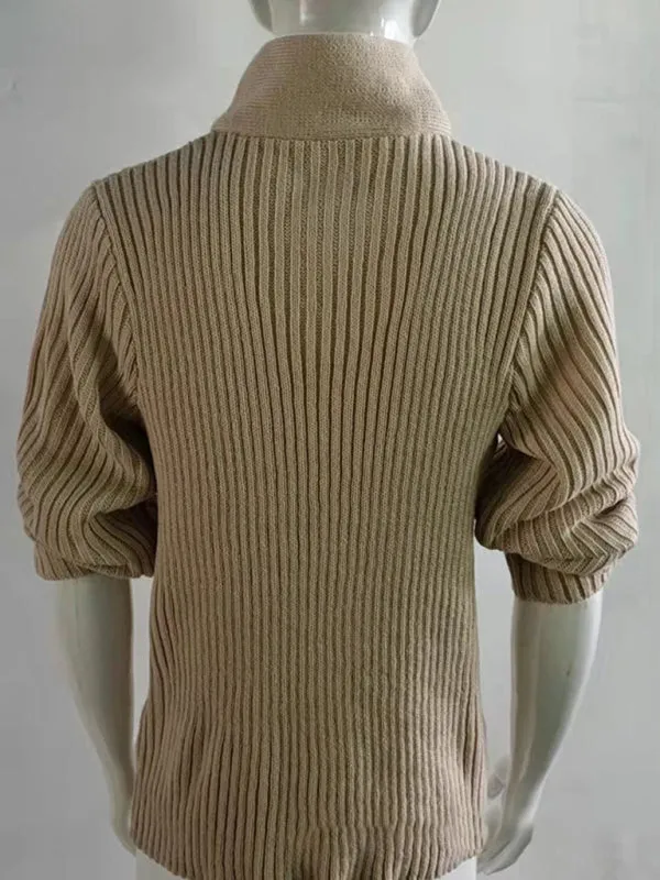 Chain-link & Ribs Knit Shawl Collar Fitted Sweater