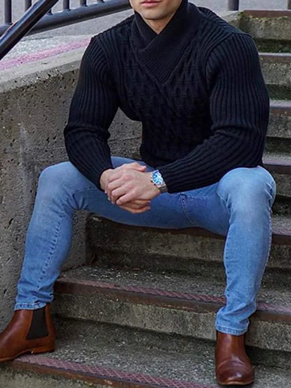Chain-link & Ribs Knit Shawl Collar Fitted Sweater