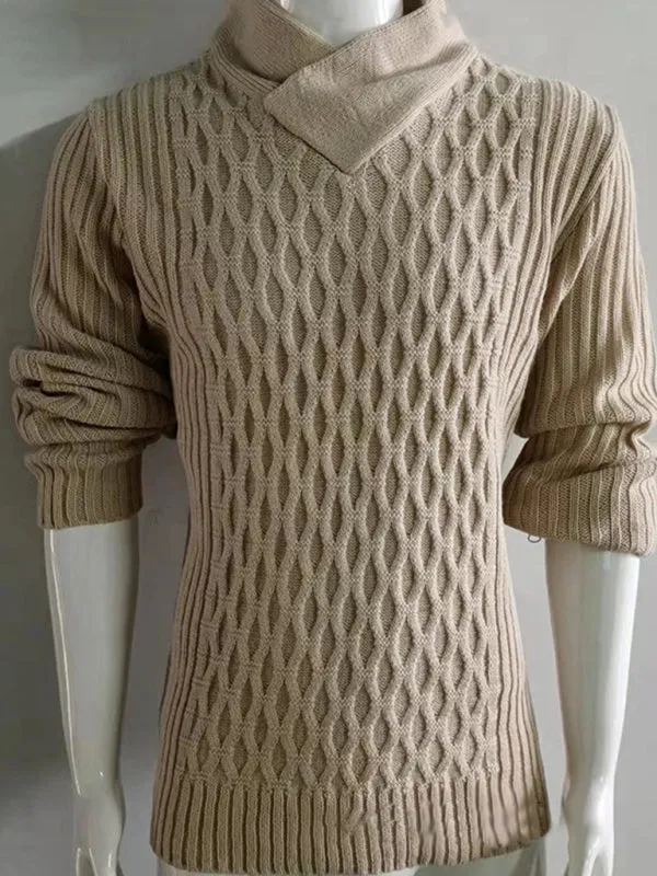 Chain-link & Ribs Knit Shawl Collar Fitted Sweater