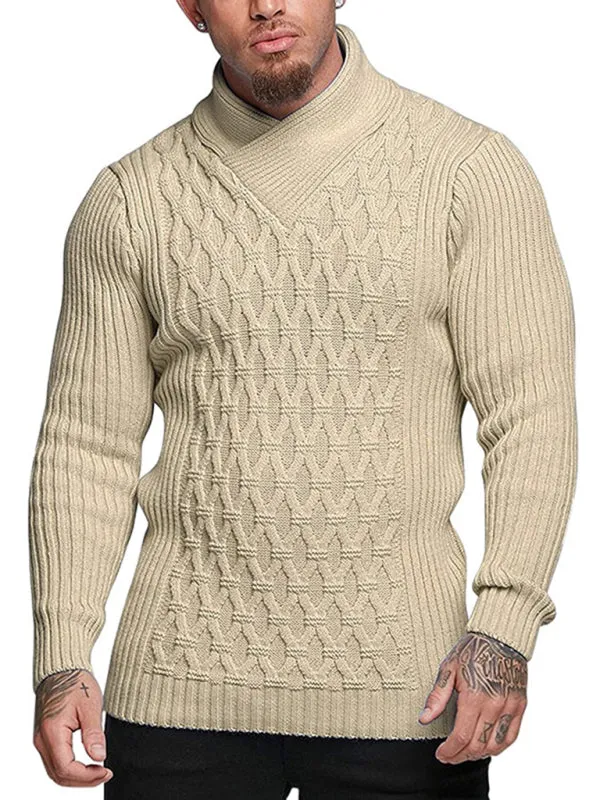 Chain-link & Ribs Knit Shawl Collar Fitted Sweater