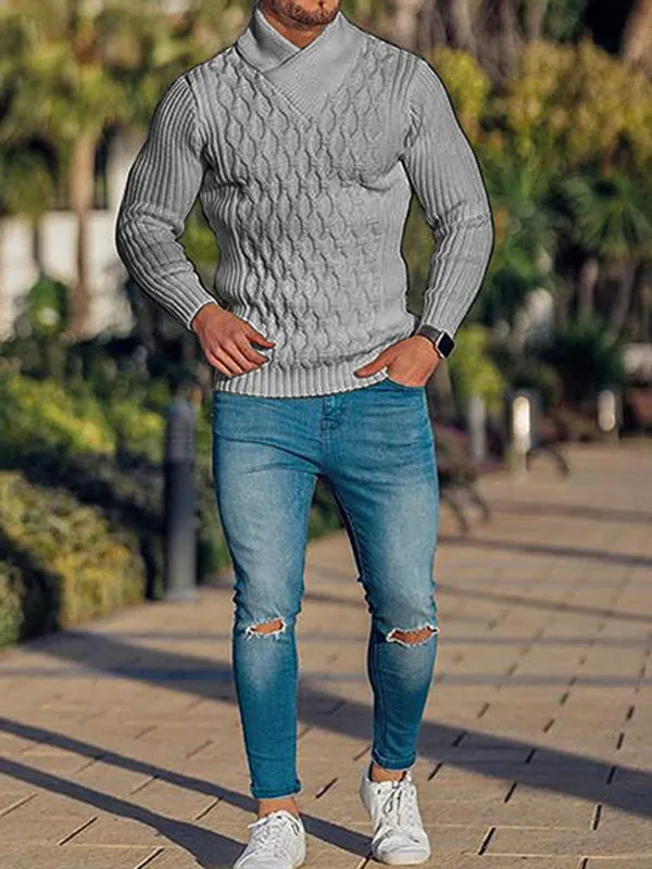Chain-link & Ribs Knit Shawl Collar Fitted Sweater