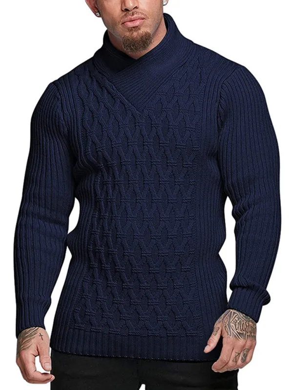 Chain-link & Ribs Knit Shawl Collar Fitted Sweater