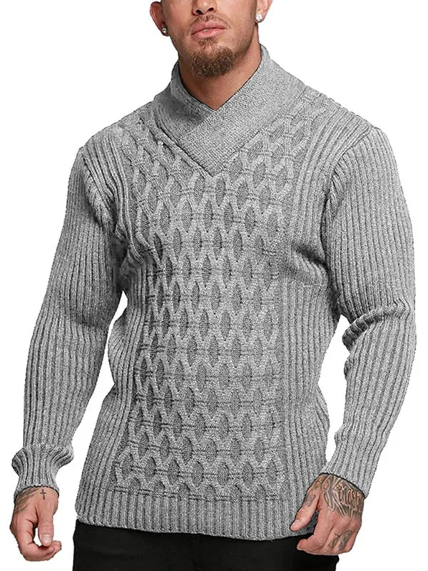 Chain-link & Ribs Knit Shawl Collar Fitted Sweater