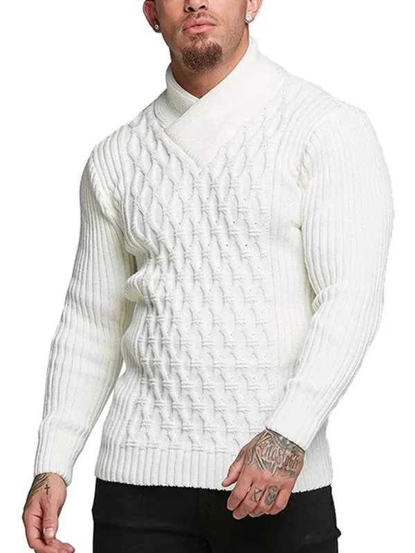 Chain-link & Ribs Knit Shawl Collar Fitted Sweater