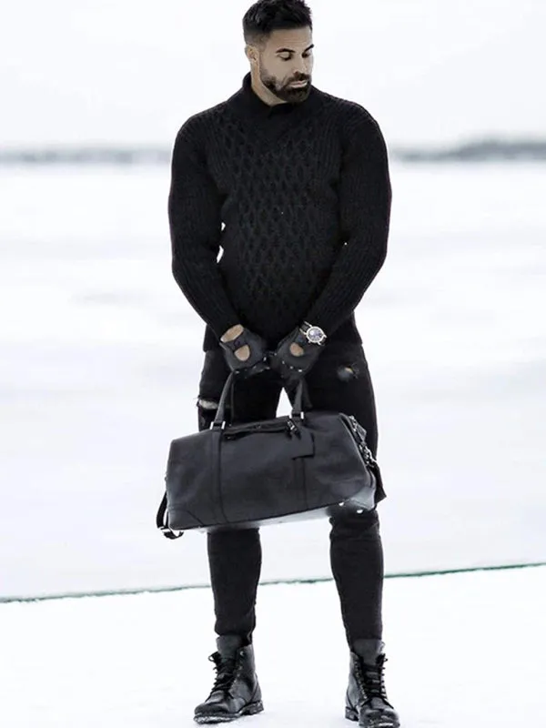 Chain-link & Ribs Knit Shawl Collar Fitted Sweater