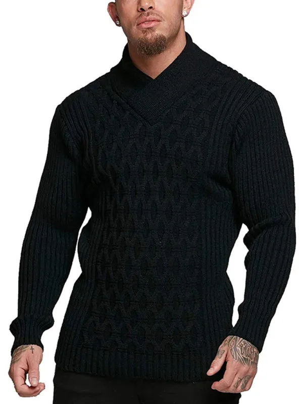 Chain-link & Ribs Knit Shawl Collar Fitted Sweater