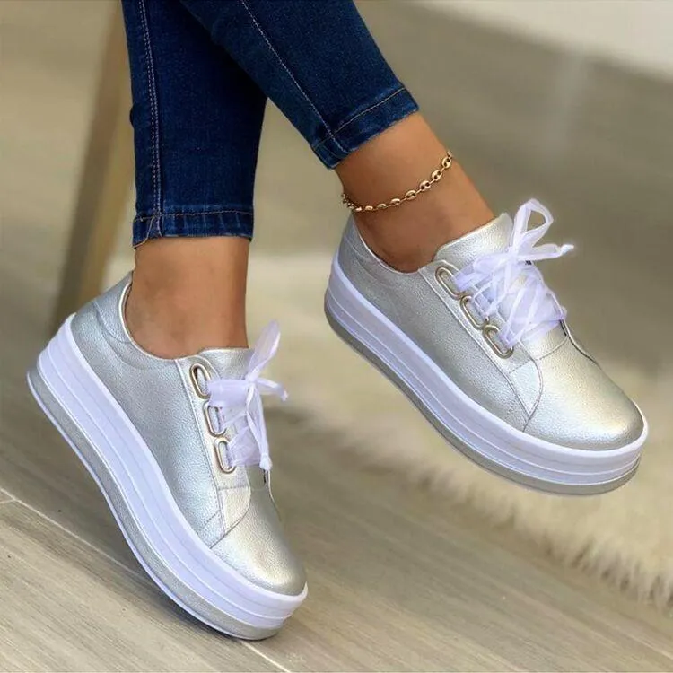 Chunky platform round toe lace-up sneakers shoes for women