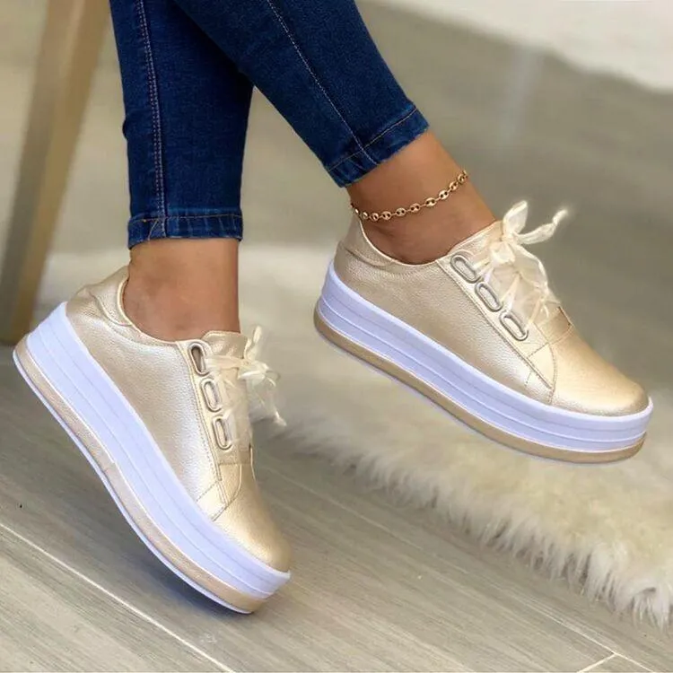 Chunky platform round toe lace-up sneakers shoes for women