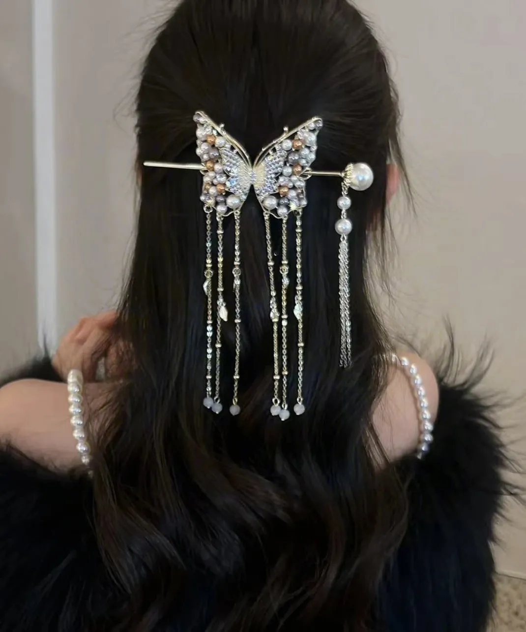 Classy White Sterling Silver Overgild Pearl Butterfly Tassel Hairpin AB1079