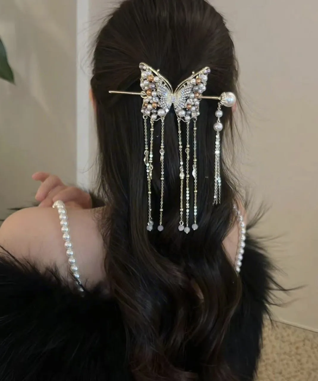 Classy White Sterling Silver Overgild Pearl Butterfly Tassel Hairpin AB1079