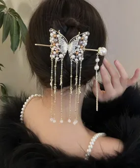 Classy White Sterling Silver Overgild Pearl Butterfly Tassel Hairpin AB1079