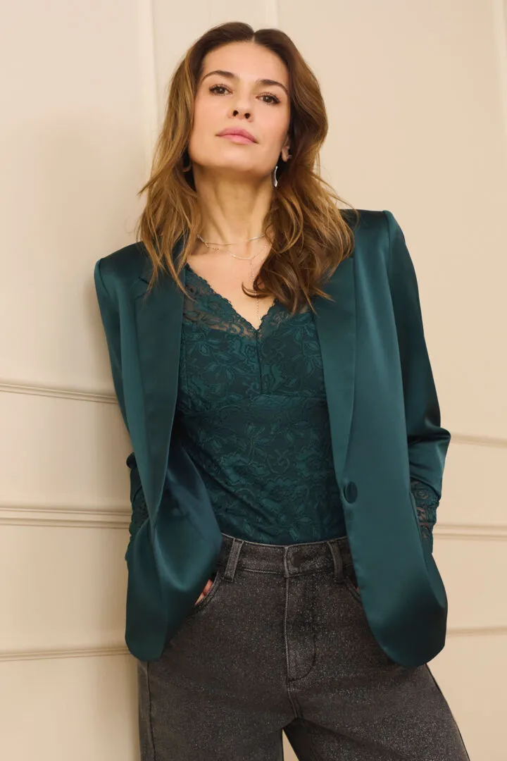 Cocamia Ruched Sleeve Satin Blazer