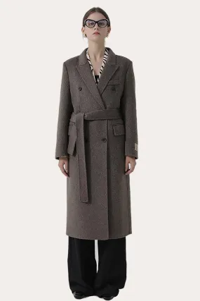 Dark Grey Double Breasted Peak Lapel Long Slim Fit Wool Coat
