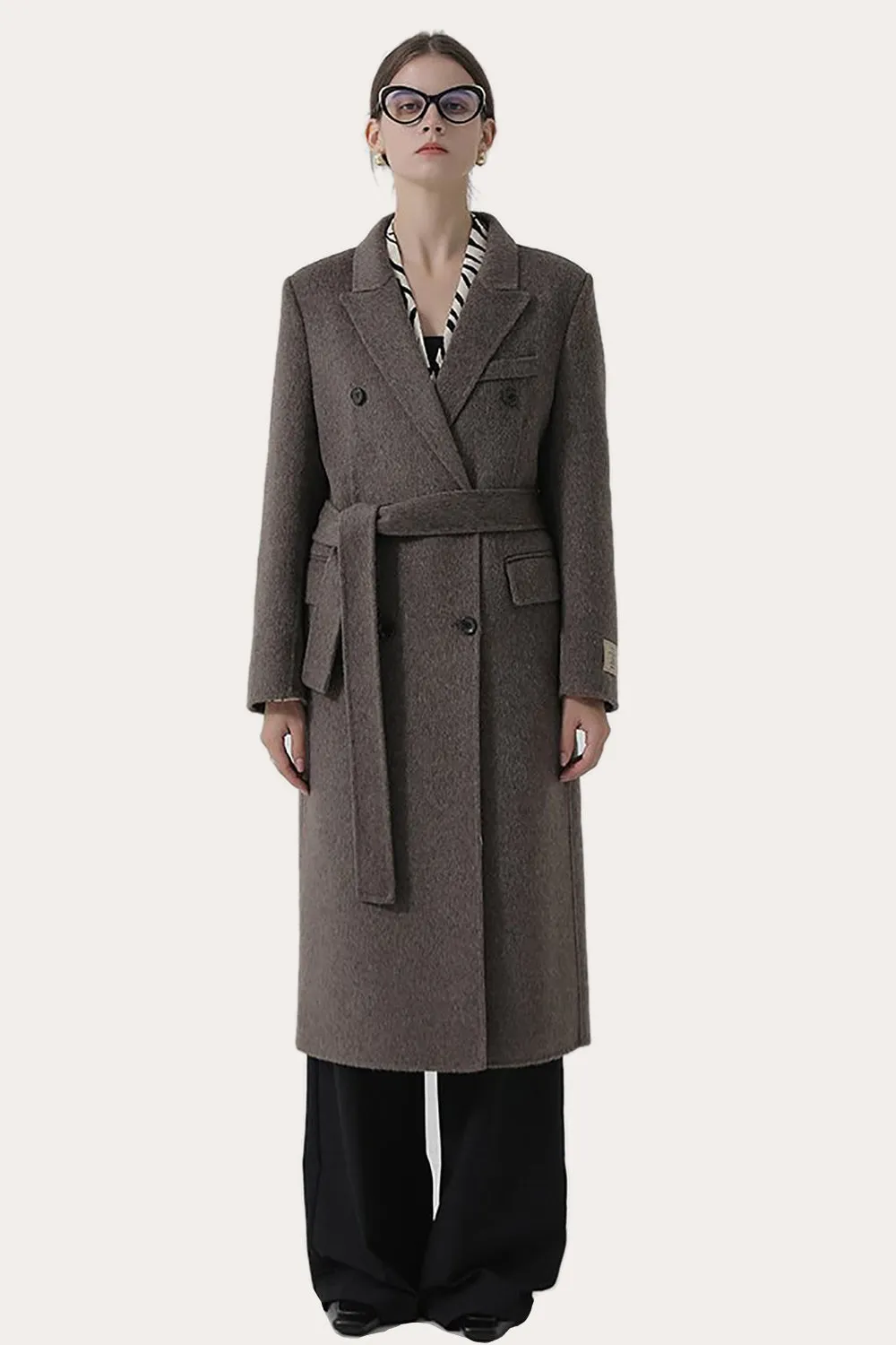 Dark Grey Double Breasted Peak Lapel Long Slim Fit Wool Coat
