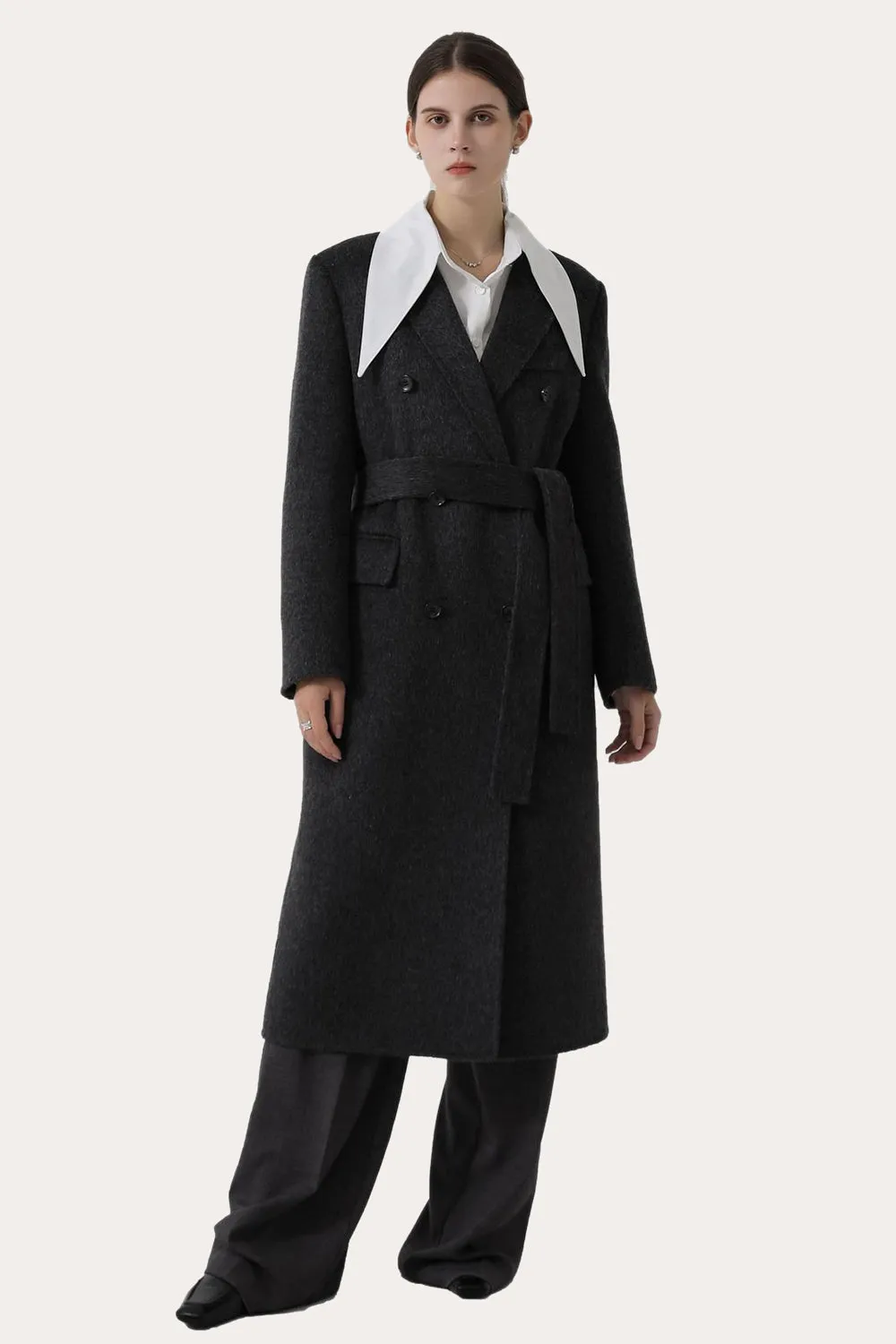 Dark Grey Double Breasted Peak Lapel Long Slim Fit Wool Coat