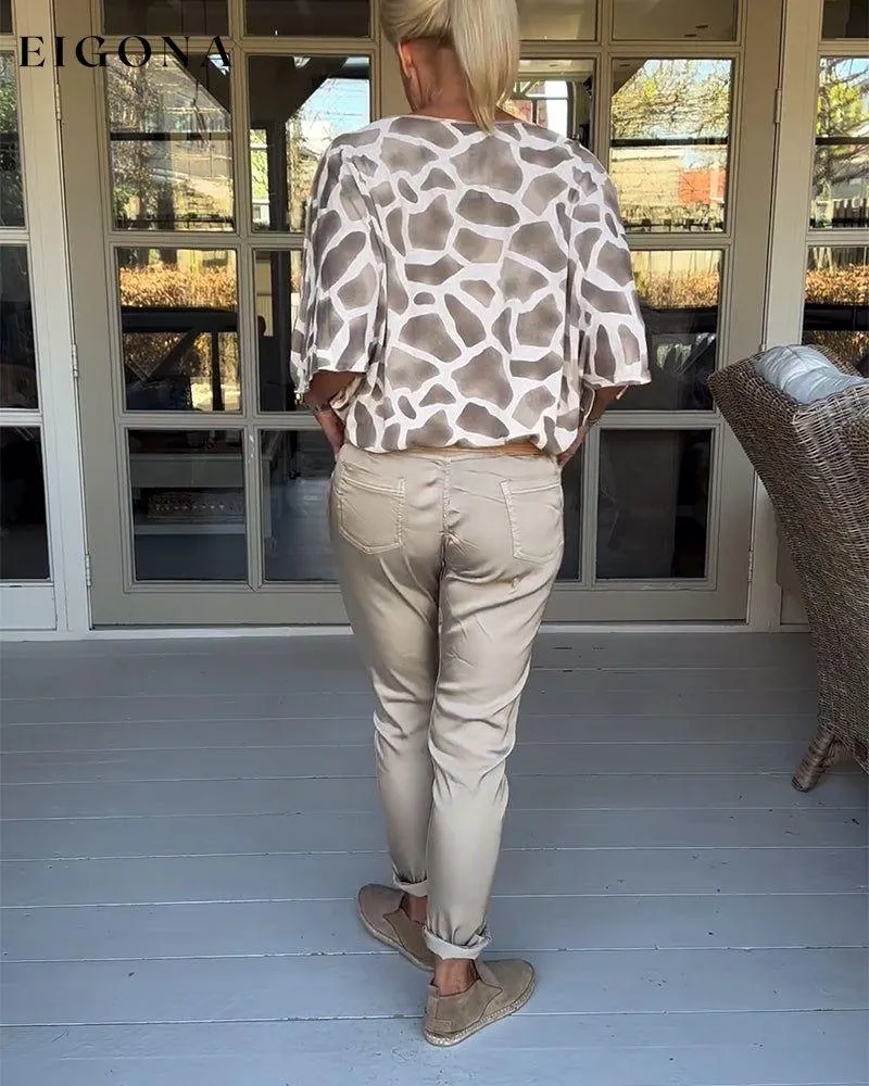 Elegant printed V-neck bat sleeves blouse