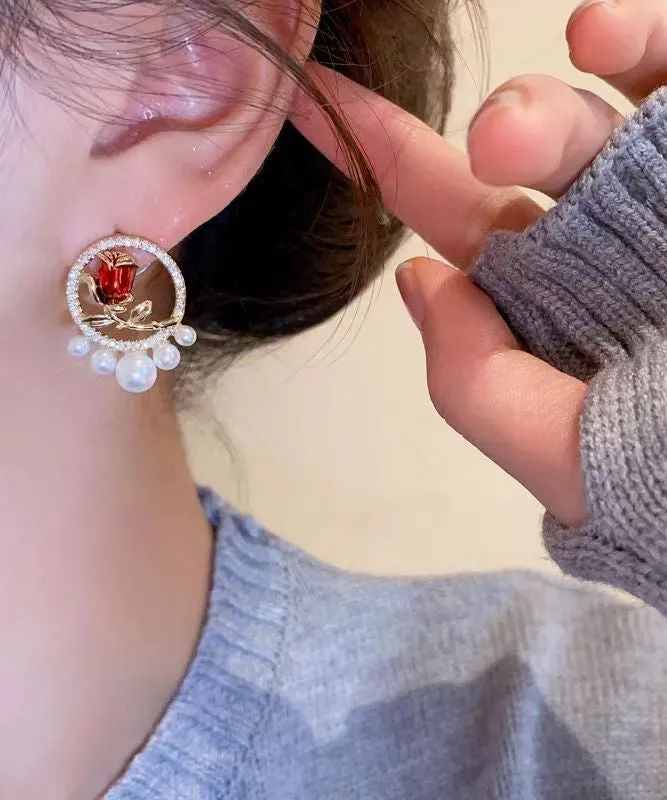 Elegant Red Copper Zircon Pearl Rose Stud Earrings KX1019