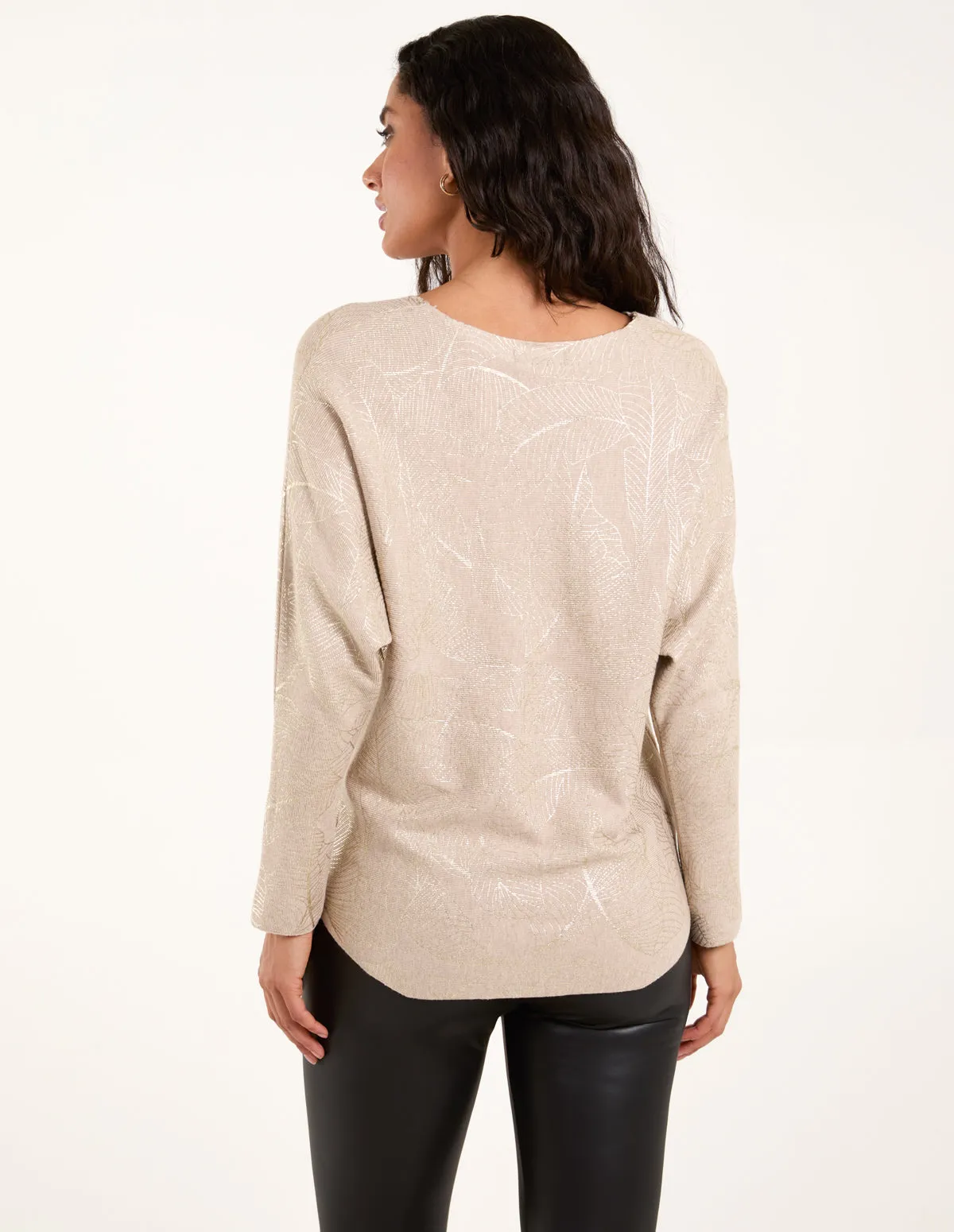 Foil Leaf Print Round Neck Jumper