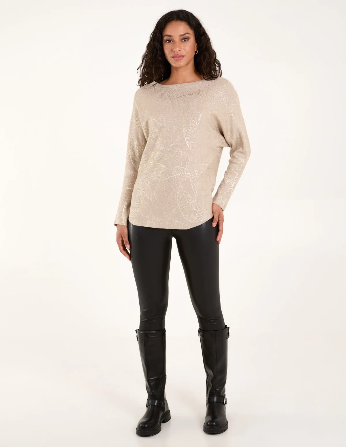 Foil Leaf Print Round Neck Jumper