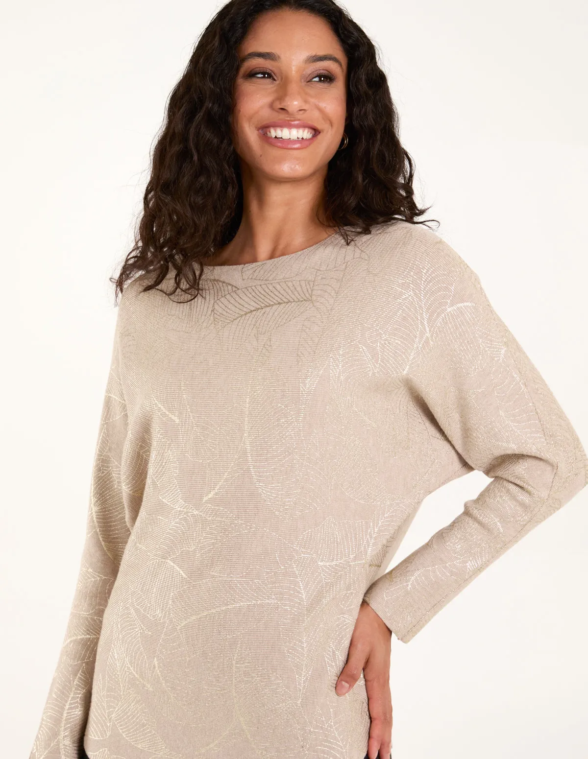 Foil Leaf Print Round Neck Jumper