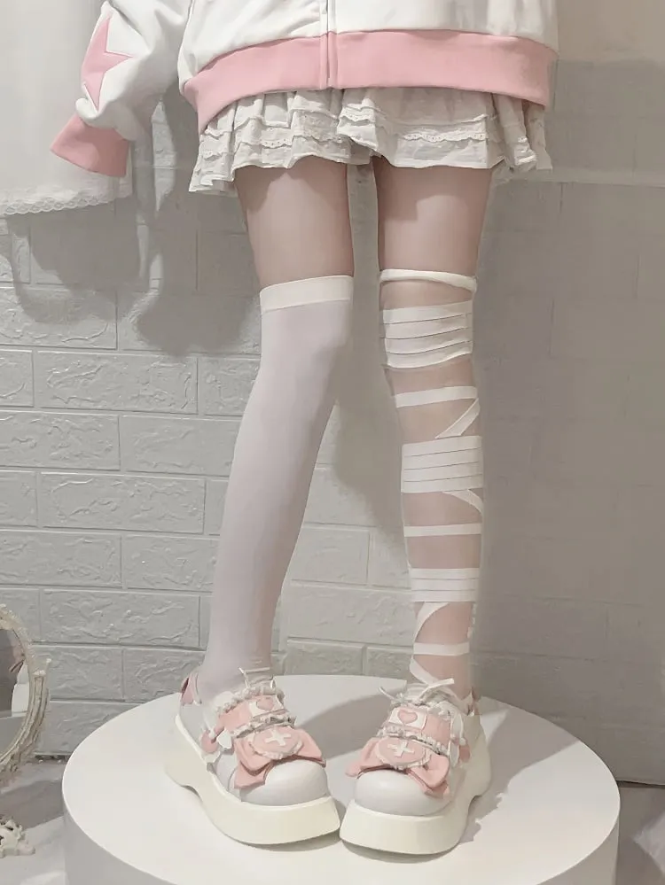 Jirai Kei Pink Yami Kawaii Cross Bowknot Lace-up Detail Platform Shoes