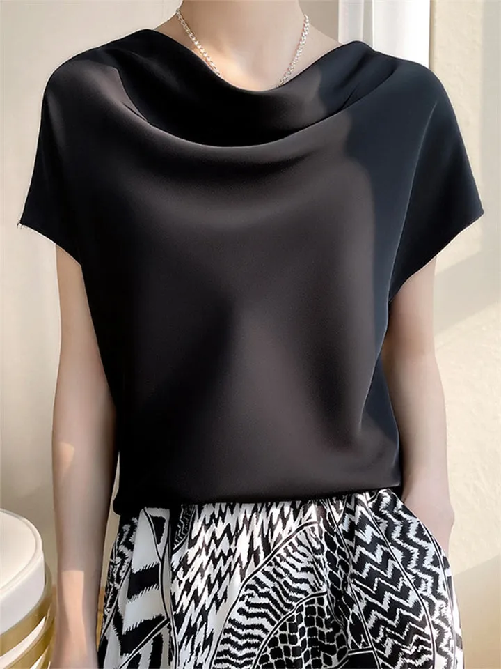 Ladies French Style Elegant Short Sleeve Satin Shirts