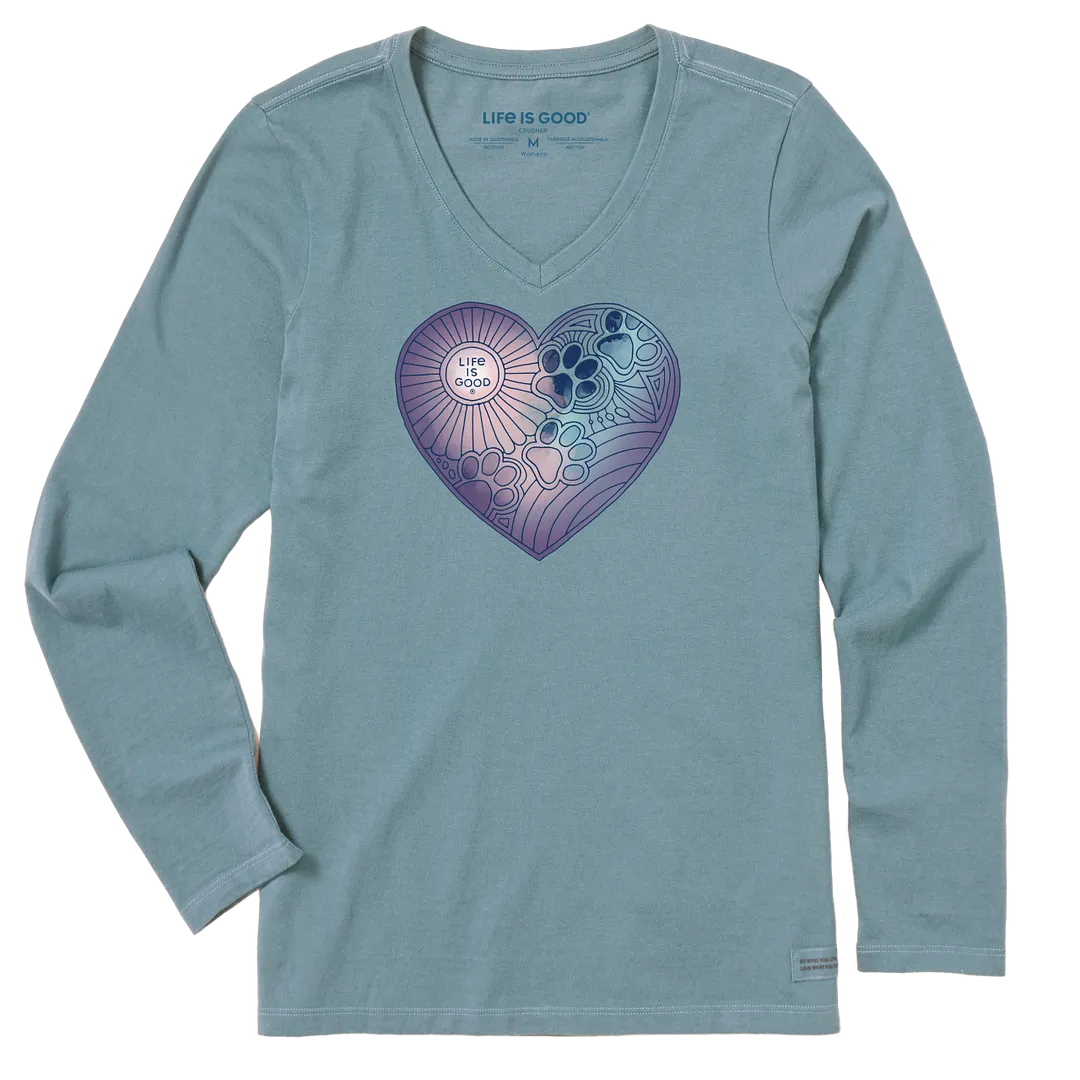 Life is Good W LS Crusher-Lite Tee Pawprints Heart SMOKY BLUE