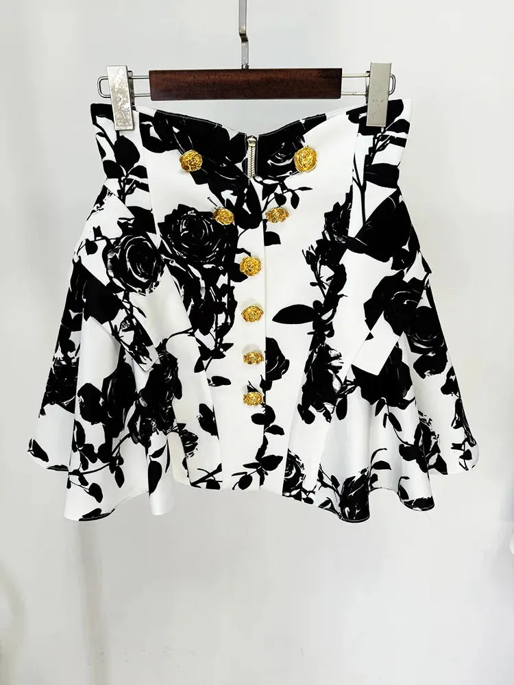 Long Sleeve Shirts High Waist Printing Button Mini Skirt Set